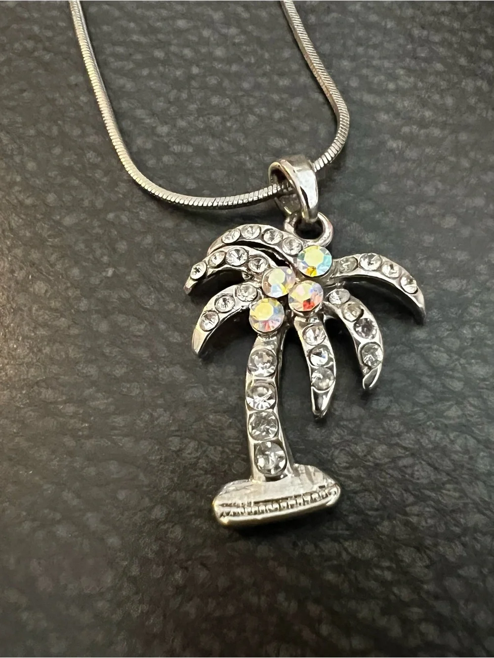 Silver Palm Tree Crystal Pendant Necklace - Silver